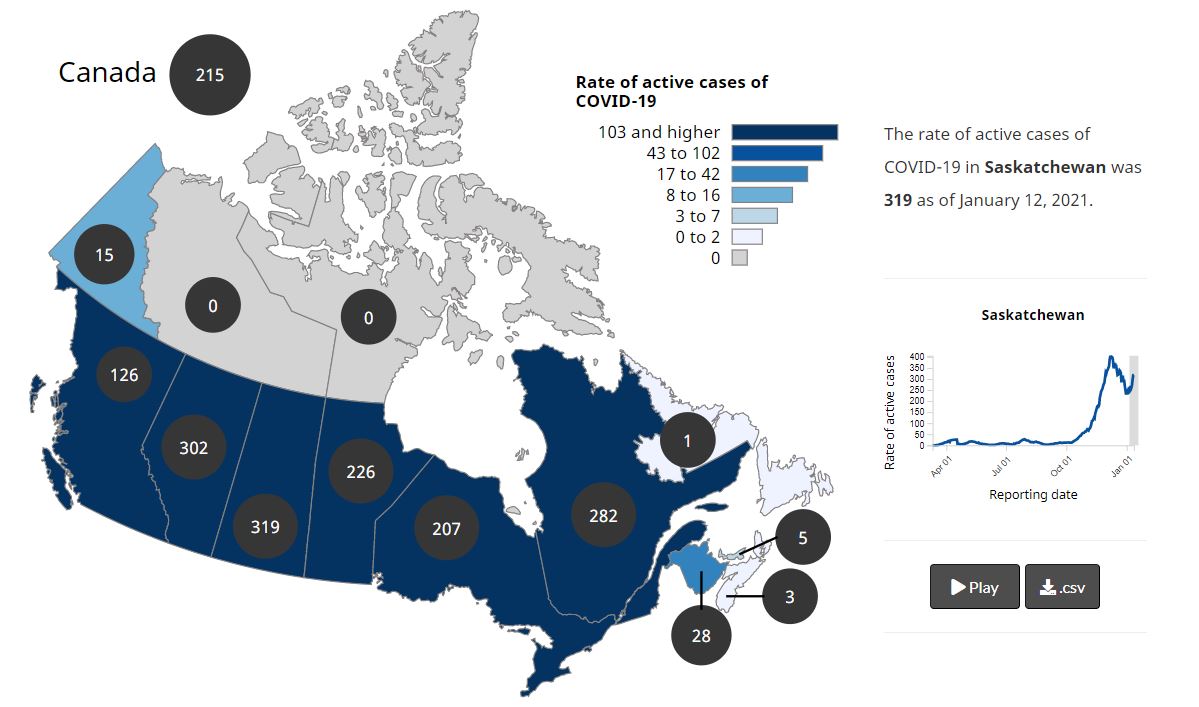 A screenshot of Health Canada's map depicting the rate of active cases of COVID-19 taken on Tuesday evening. 