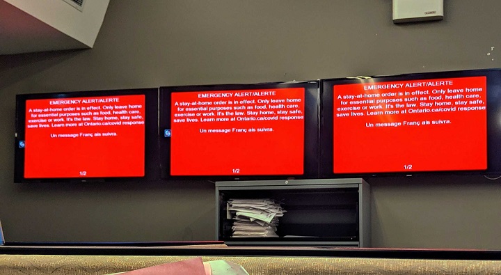An emergency alert broadcast on televisions for the stay-at-home order issued by the Ontario government.