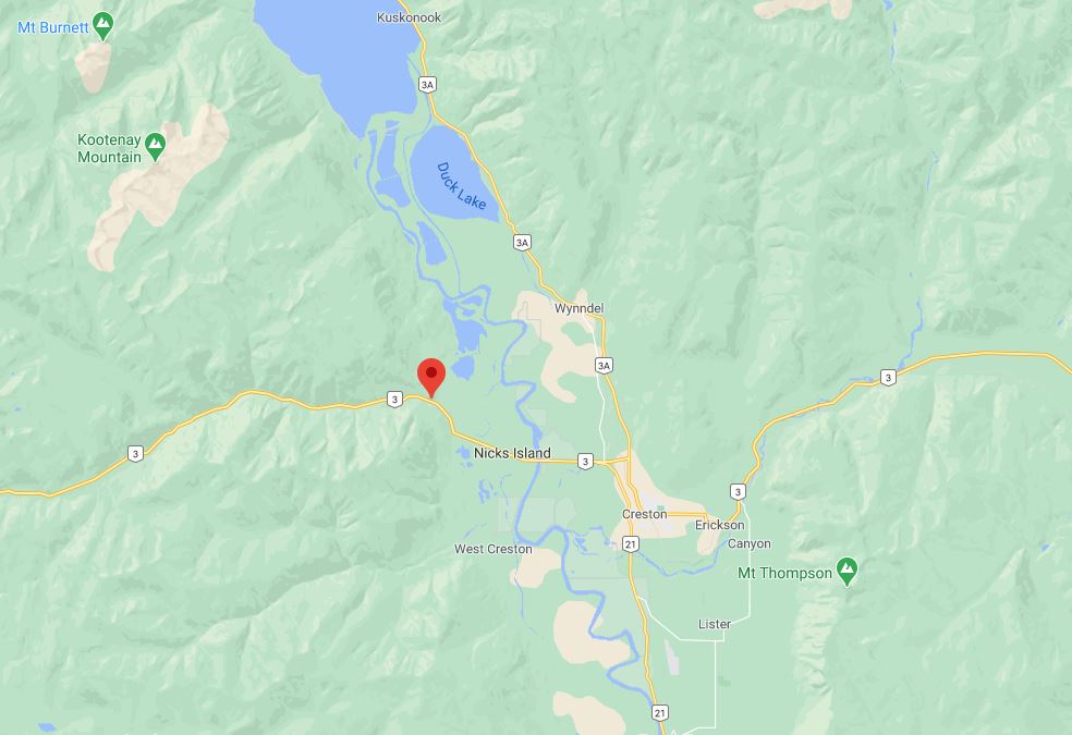 The location of the Summit Creek Bridge along Highway 3 just outside of Creston, B.C. Credit: Google Maps.