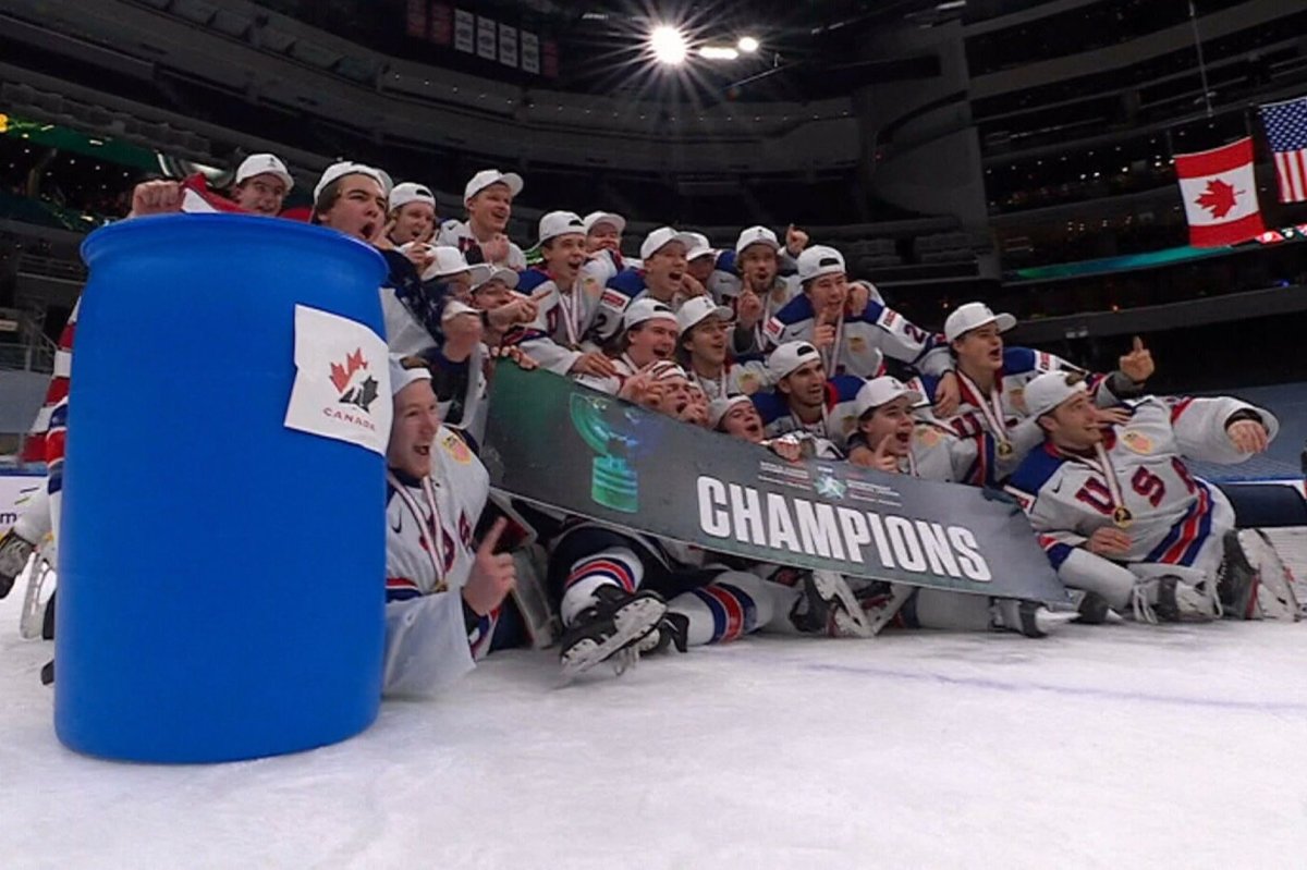 Team USA poses with Hockey Canada ‘can’ after winning world junior gold