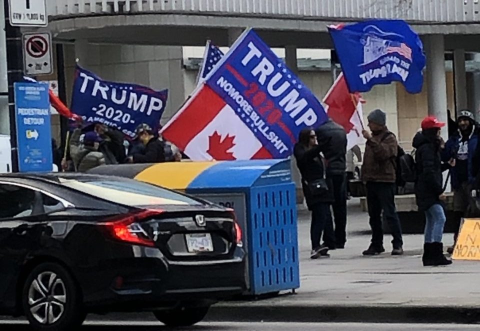 Pro-Trump protesters gather at the Vancouver Art Gallery on Wednesday, January 6.