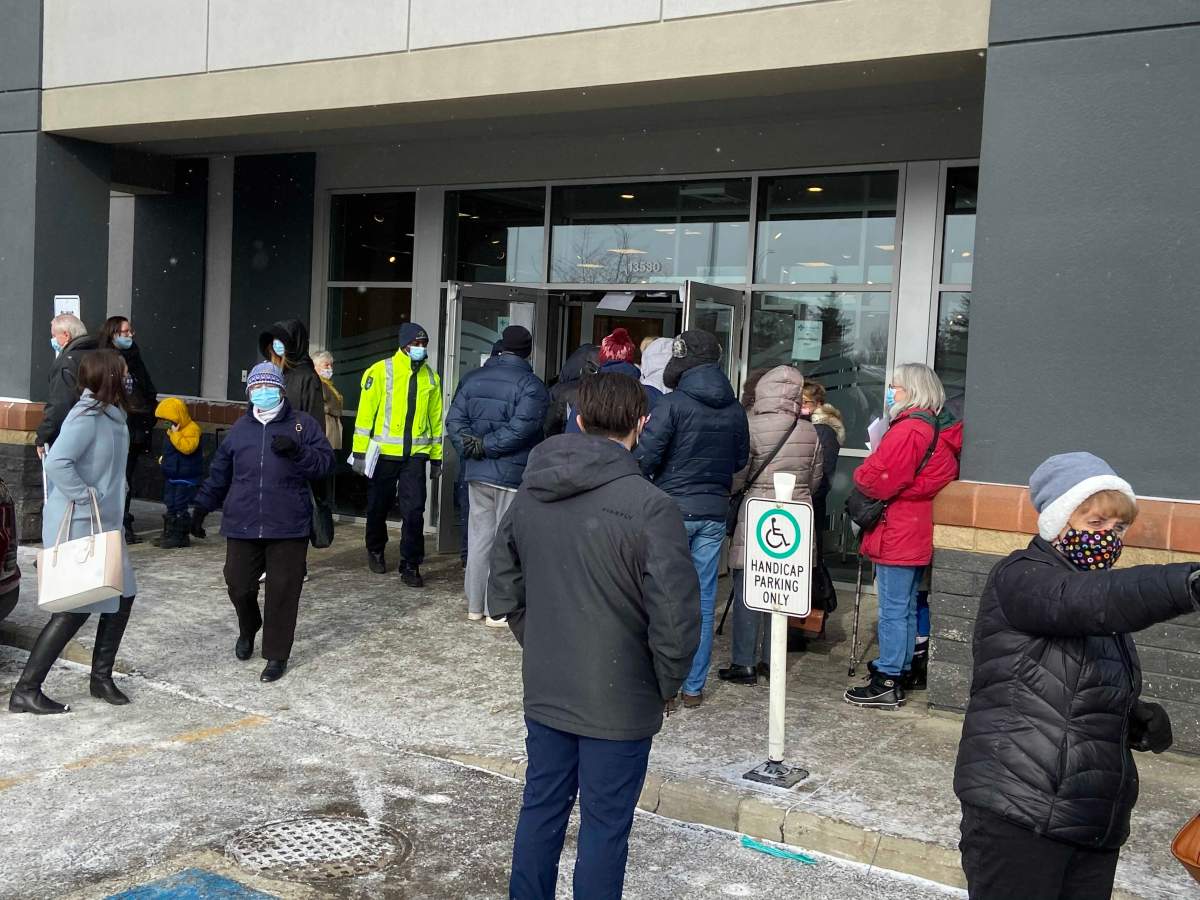 Much shorter lineups than the previous day at the north Edmonton COVID-19 vaccination clinic on Friday, Feb. 26, 2021.