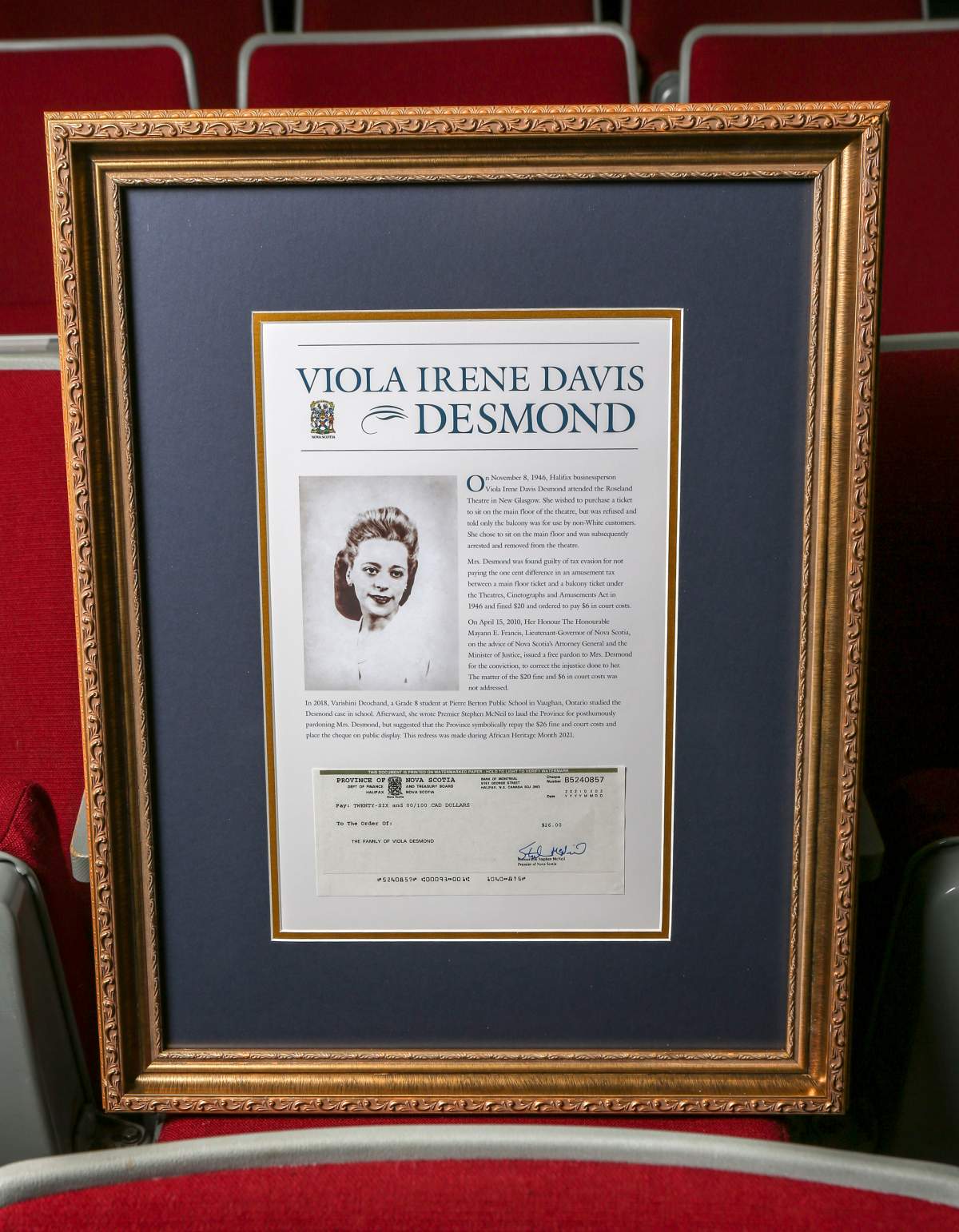 A framed copy of the official $26 fine and court cost repayment cheque issued to the family of Viola Desmond on Feb. 3, 2021.