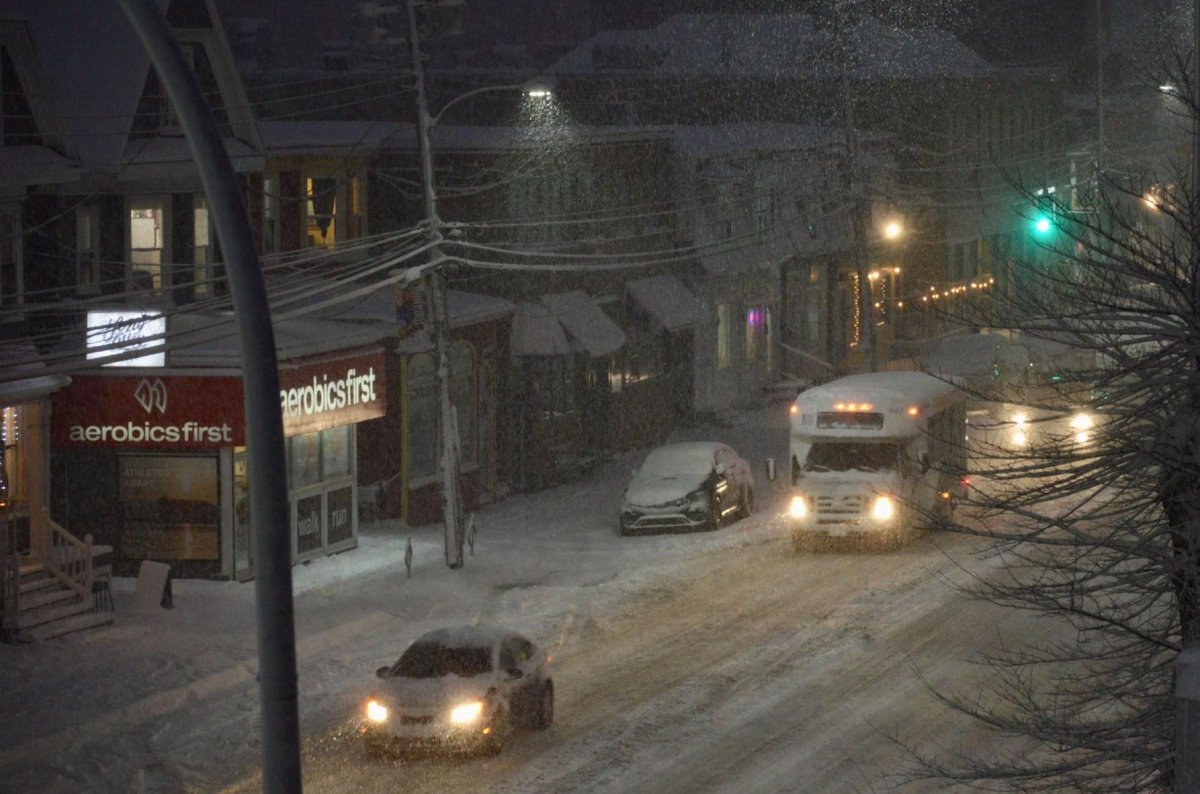 Snow falls on Quinpool Road in Halifax in January 2021. 