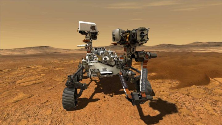 This illustration depicts NASA’s Perseverance rover operating on the surface of Mars.