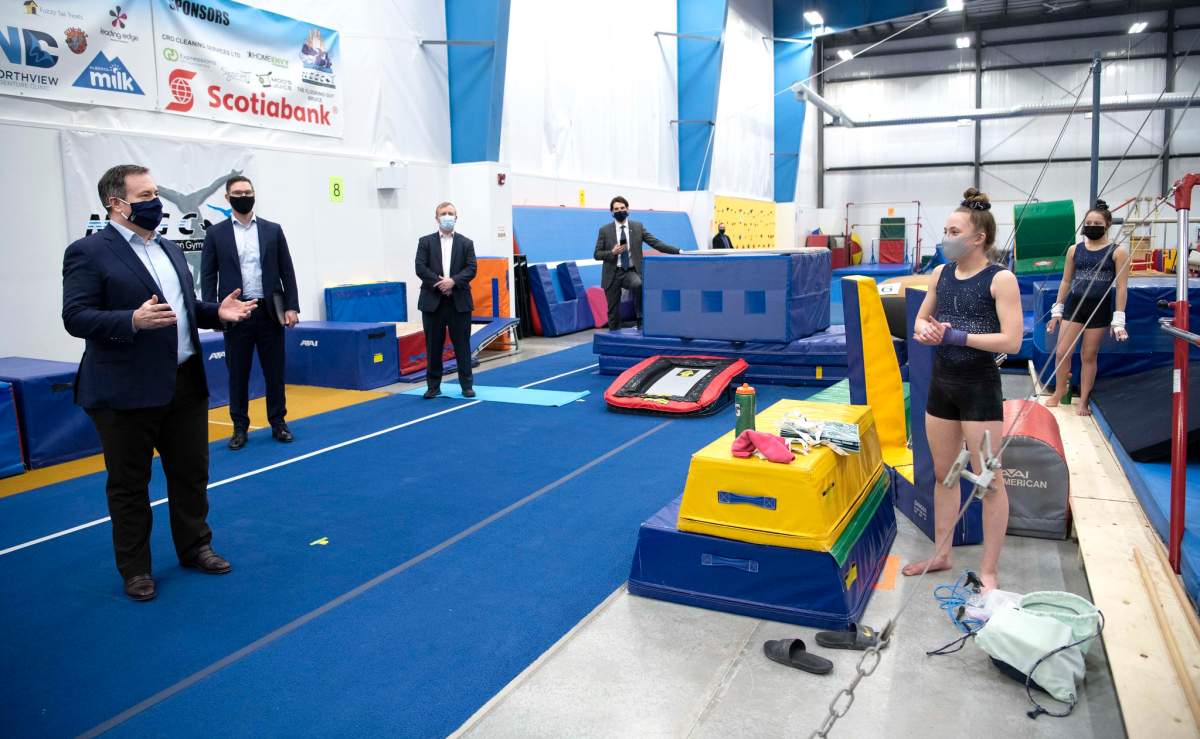 Premier Jason Kenney and Minister of Jobs, Economy and Innovation Doug Schweitzer touring the North Edmonton Gymnastics Club on February 17, 2021 after announcing the new Enhanced COVID-19 Business Benefit.