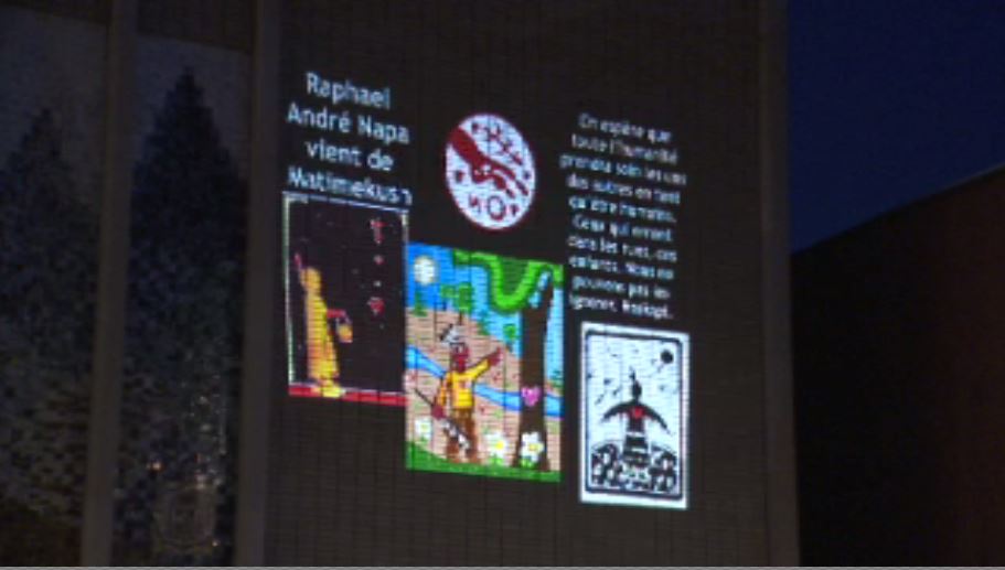 A series of pictures, memories and drawings are being projected on the façade of the Open Door shelter on Parc avenue in honour of Raphaël Napa André. Thursday February 11, 2020. 