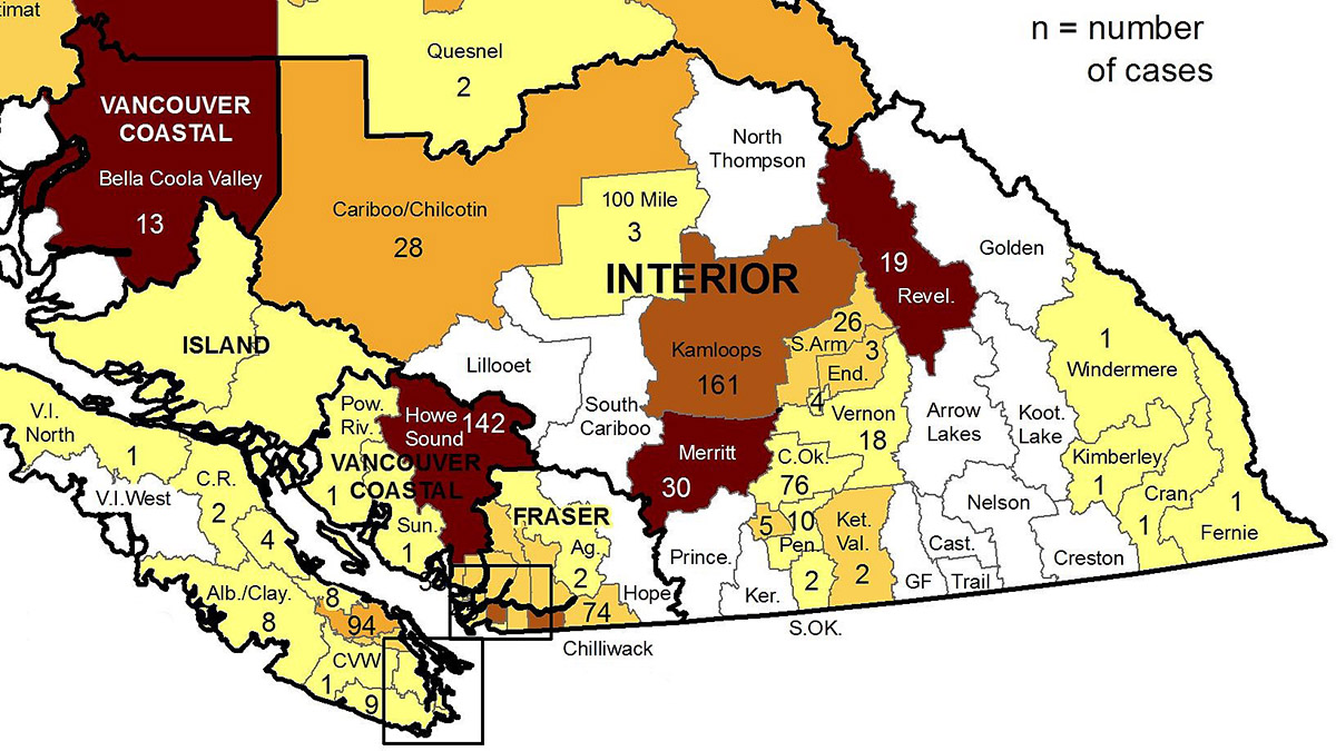 A map showing the number of cases per local health region from Jan. 29 to Feb. 4. 