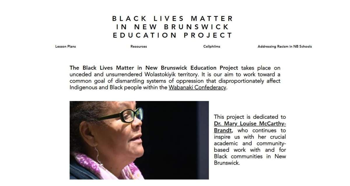 A screenshot of the Black Lives Matter in New Brunswick Education Project website is shown.