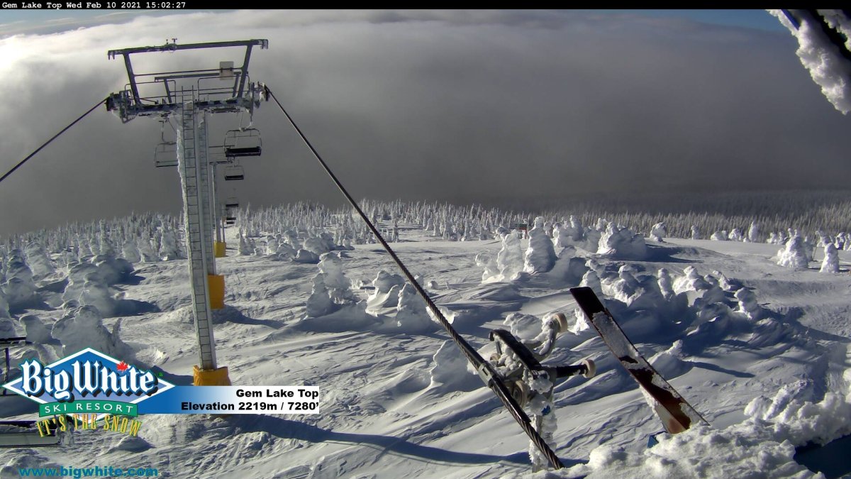 A webcam photo from atop the Gem Lake chairlift at Big White Ski Resort on Wednesday. With cold temperatures and wind chilling the region, the resort closed the Gem Lake and Cliff chairlifts for safety reasons. The resort is hoping to reopen them either Friday or Saturday.