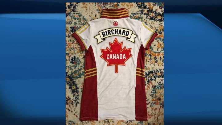 Canada second Shannon Birchard's new curling uniform top is seen in a handout photo published to social media on Monday, Feb. 15, 2021. Uniforms for the 18 teams competing at the Scotties Tournament of Hearts will feature a retro look and colourful designs.