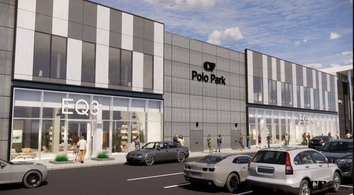 A rendering of the exterior of CF Polo Park and the new EQ3 store.
