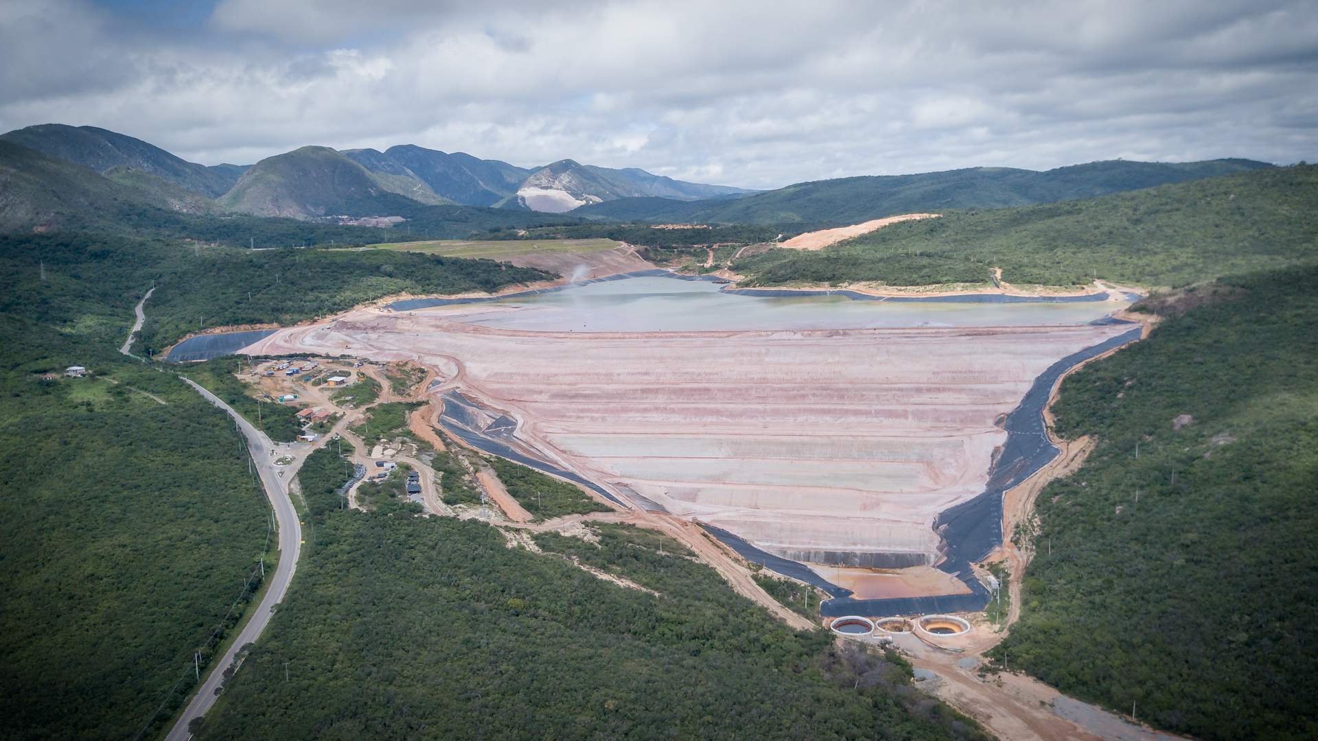 A drone flies over Yamana's tailings area in Jacobina, Brazil. 