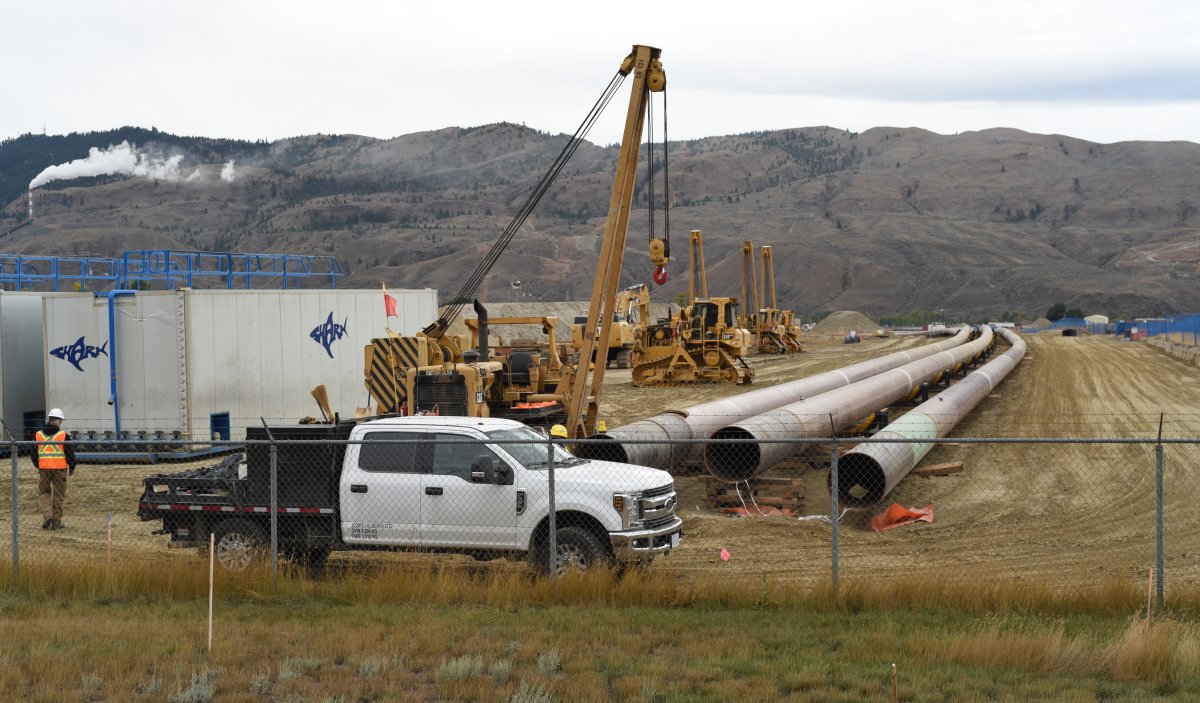Construction work continues on the Trans Mountain pipeline along Airport Road at Tranquiile Road in Kamloops, British Columbia on October 9, 2020. 
