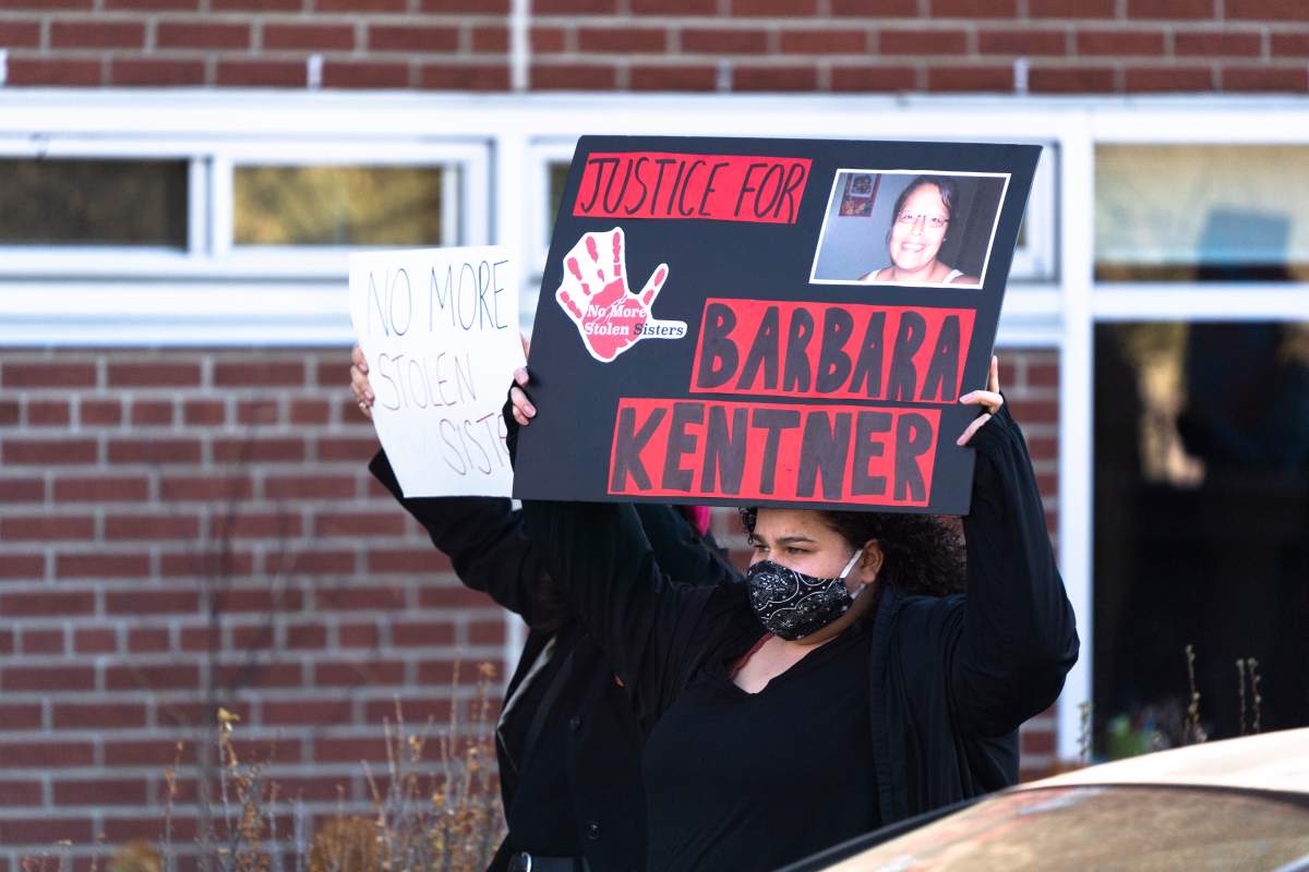 Protesters under the "Not One More Death" banner march toward the old courthouse ahead of the second day of the manslaughter trial for Brayden Bushby in Thunder Bay, Ont., Tuesday, Nov. 3, 2020. Bushby, 21, threw a trailer hitch at Barbara Kentner, a First Nations woman who died several months after the 2017 assault. 