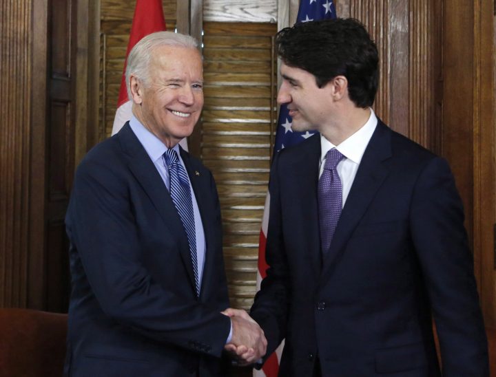 Prime Minister Justin Trudeau shakes hands with then-U.S. vice-president Joe Biden on Parliament Hill in Ottawa on Friday, Dec. 9, 2016.