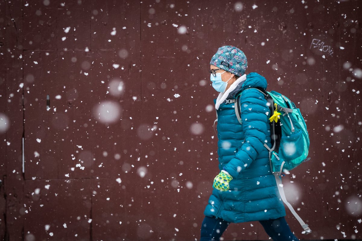 A person wears a disposable mask to protect them from the COVID-19 virus during a snow squall in Kingston, Ontario on Monday, February 22, 2021. THE CANADIAN PRESS IMAGES/Lars Hagberg.