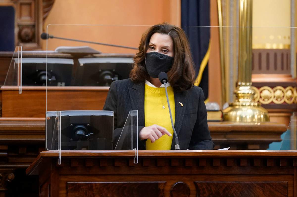 Michigan Gov. Gretchen Whitmer addresses the state’s Electoral College at the state Capitol, Monday, Dec. 14, 2020, in Lansing, Mich.