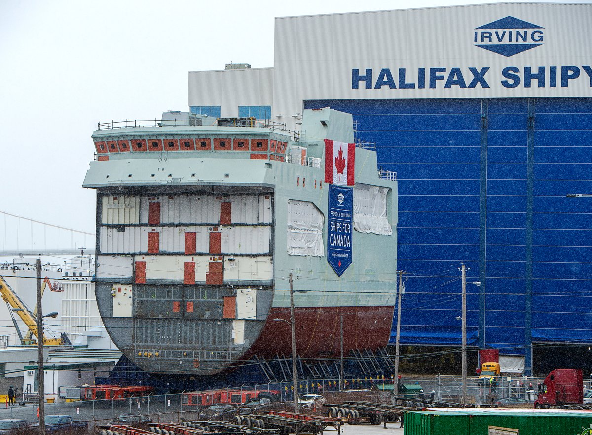The centre block of the future HMCS Max Bernays is moved from the fabrication building to dockside at the Irving Shipbuilding facility in Halifax on Friday, Jan. 22, 2021. The vessel is Canada's third Arctic and Offshore Patrol Ship (AOPS) being built for the Royal Canadian Navy. The vessel is named for Max Bernays, who fought in the Battle of the Atlantic during the Second World War. Bernays was awarded the Conspicuous Gallantry Medal for his actions aboard HMCS Assiniboine 1942. THE CANADIAN PRESS/Andrew Vaughan.