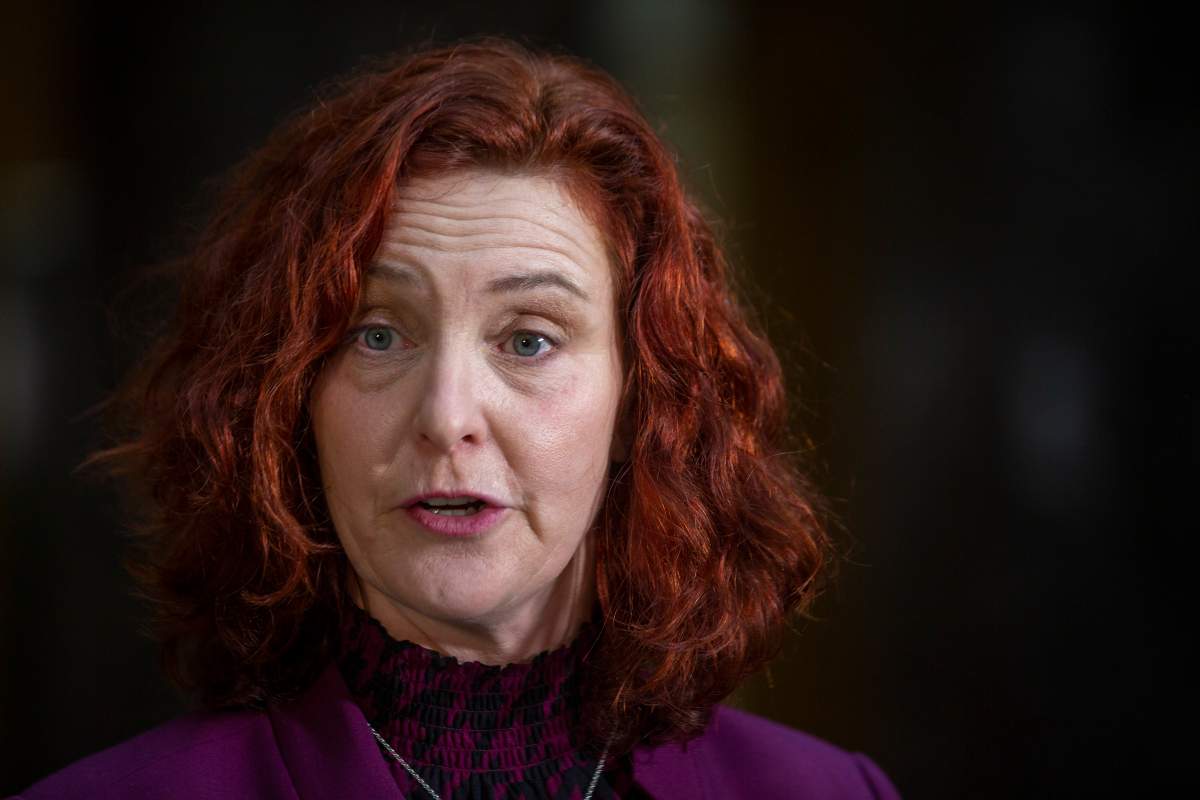 NDP Leader Alison Coffin answers questions from the media following the televised debate at the Confederation Building in St. John’s N.L. on Wednesday, February 3, 2021. Newfoundland and Labrador will hold a provincial election on Saturday, February 13, 2021. THE CANADIAN PRESS/Paul Daly
