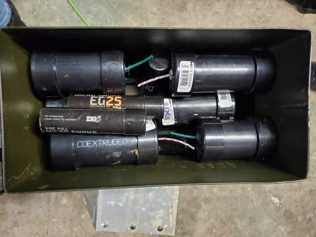 A box of homemade pipe bombs seized by the Royal Canadian Mounted Police are shown in this recent handout photo. A Quebec man is facing weapons charges after RCMP officers found about ten homemade bombs as well as firearms, ammunition and weapons at his home. RCMP say in a news release that 47-year-old Karl Maheux of Ancienne-Lorette was arrested Friday and is facing charges of possession of prohibited devices without a licence and careless storage of a restricted weapon. 