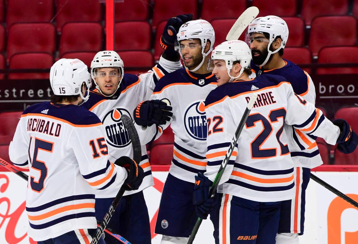 Edmonton Oilers defenceman Darnell Nurse (25) celebrates a goal with teammates while taking on the Ottawa Senators during first period NHL action in Ottawa on Tuesday, Feb. 9, 2021. 
