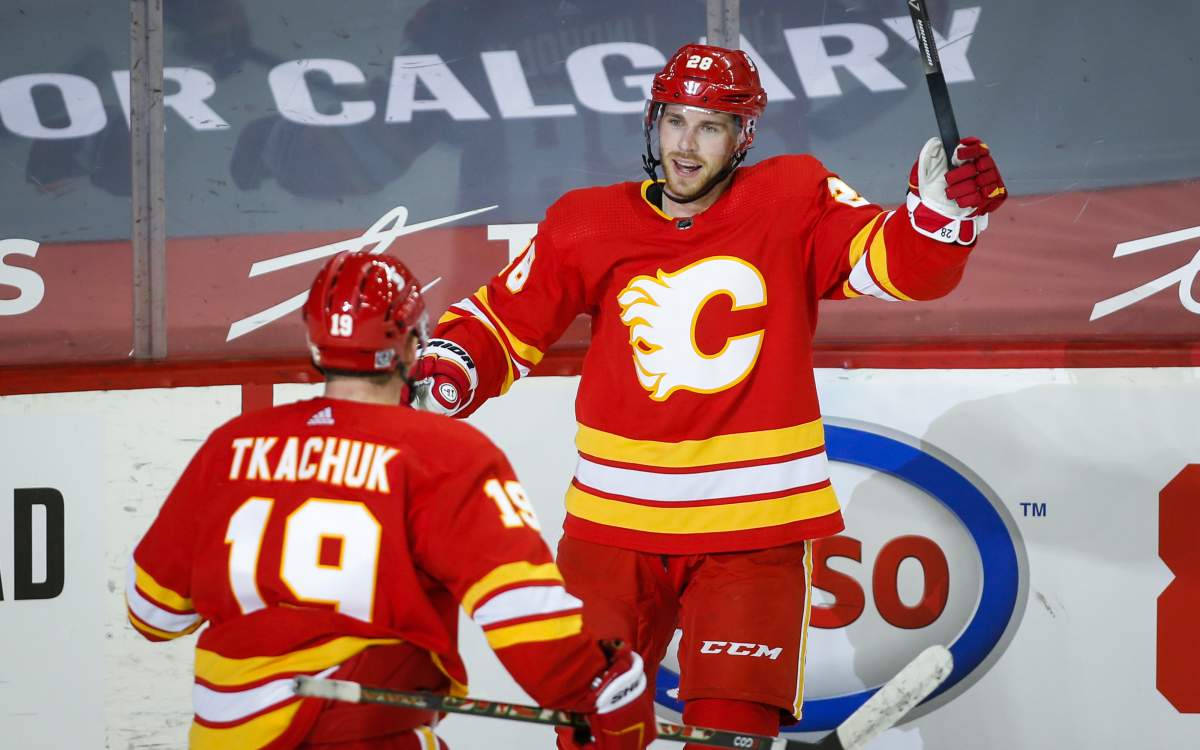 Calgary Flames’ Elias Lindholm, right, celebrates his goal with teammate Matthew Tkachuk during third period NHL hockey action against the Winnipeg Jets in Calgary, Tuesday, Feb. 9, 2021.