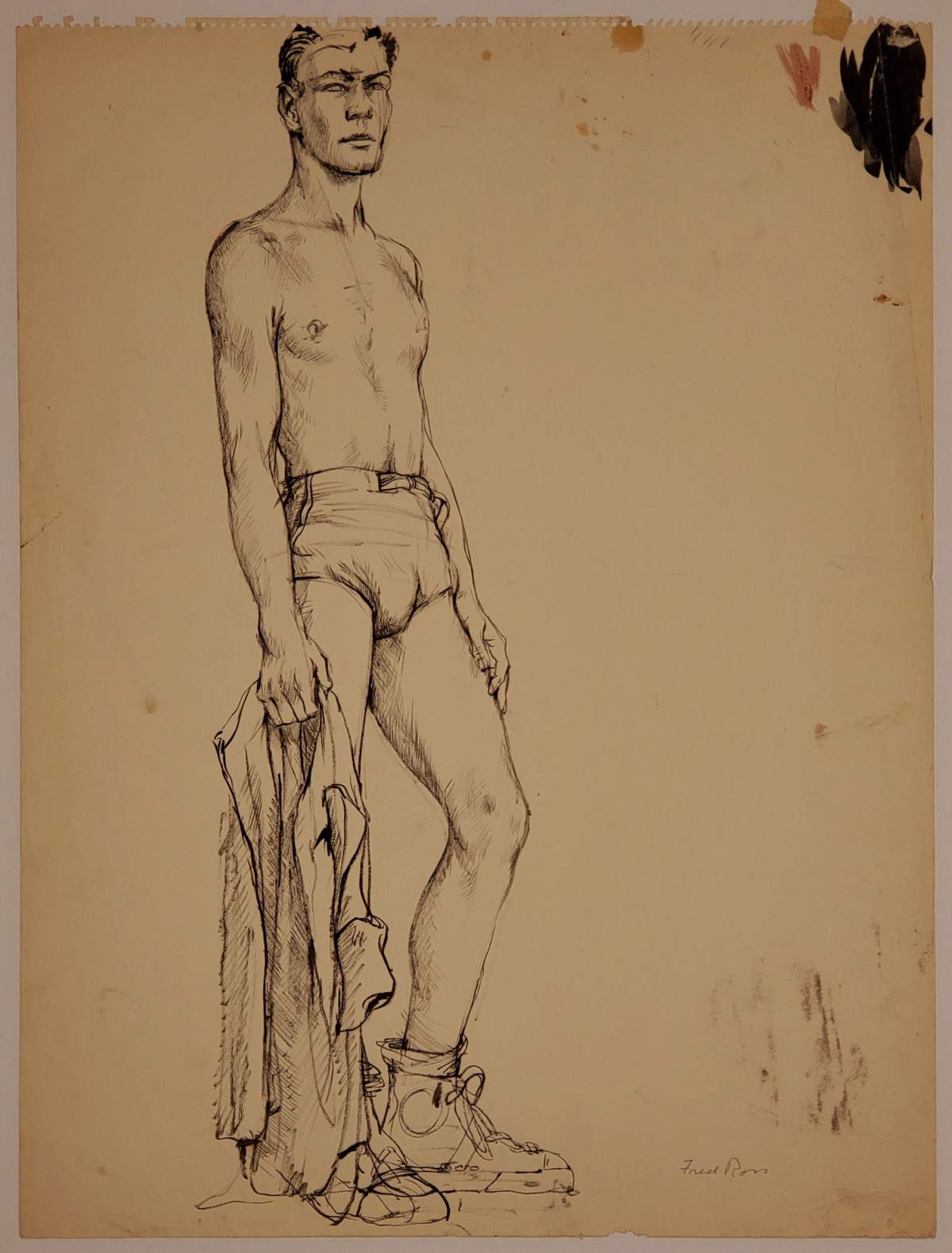 Tom Connors is shown circa 1952 in this sketch by Fred Ross in this undated handout photo. Decked out in his trademark Stetson and plywood-pounding cowboy boots, it's hard to imagine country-folk legend Stompin' Tom Connors as a male model. And yet, a recently acquired artist's drawing from the 1950s - obtained by the Beaverbrook Art Gallery in Fredericton - offers a revealing glimpse of Canada's best loved troubadour as a lanky, squared-jawed teen wearing nothing but tight athletic shorts and high-topped sneakers.