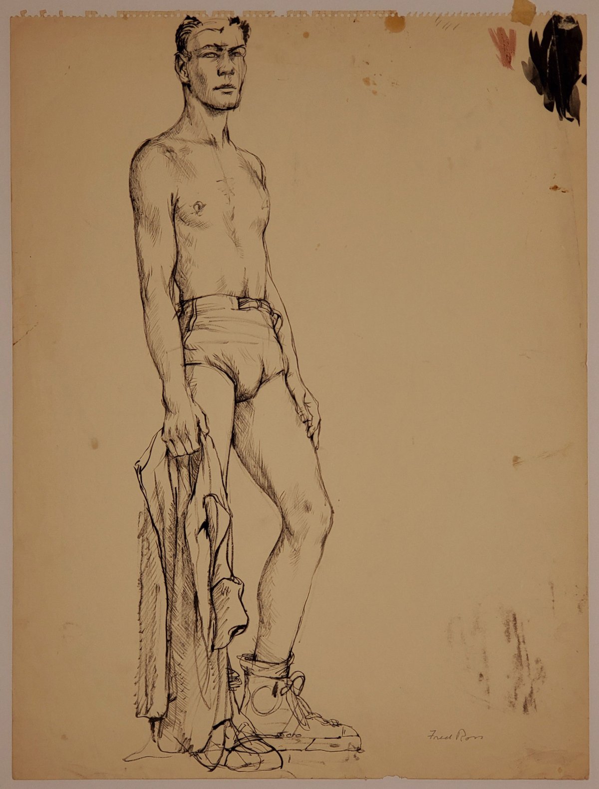Tom Connors is shown circa 1952 in this sketch by Fred Ross in this undated handout photo. Decked out in his trademark Stetson and plywood-pounding cowboy boots, it's hard to imagine country-folk legend Stompin' Tom Connors as a male model. And yet, a recently acquired artist's drawing from the 1950s - obtained by the Beaverbrook Art Gallery in Fredericton - offers a revealing glimpse of Canada's best loved troubadour as a lanky, squared-jawed teen wearing nothing but tight athletic shorts and high-topped sneakers.