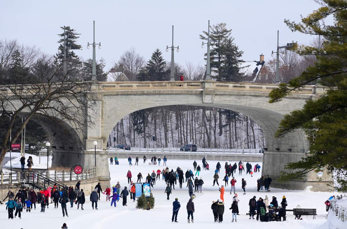 Skaters make their way along the Rideau Canal in Ottawa, Monday, Feb. 15, 2021, during the Family Day long weekend. 