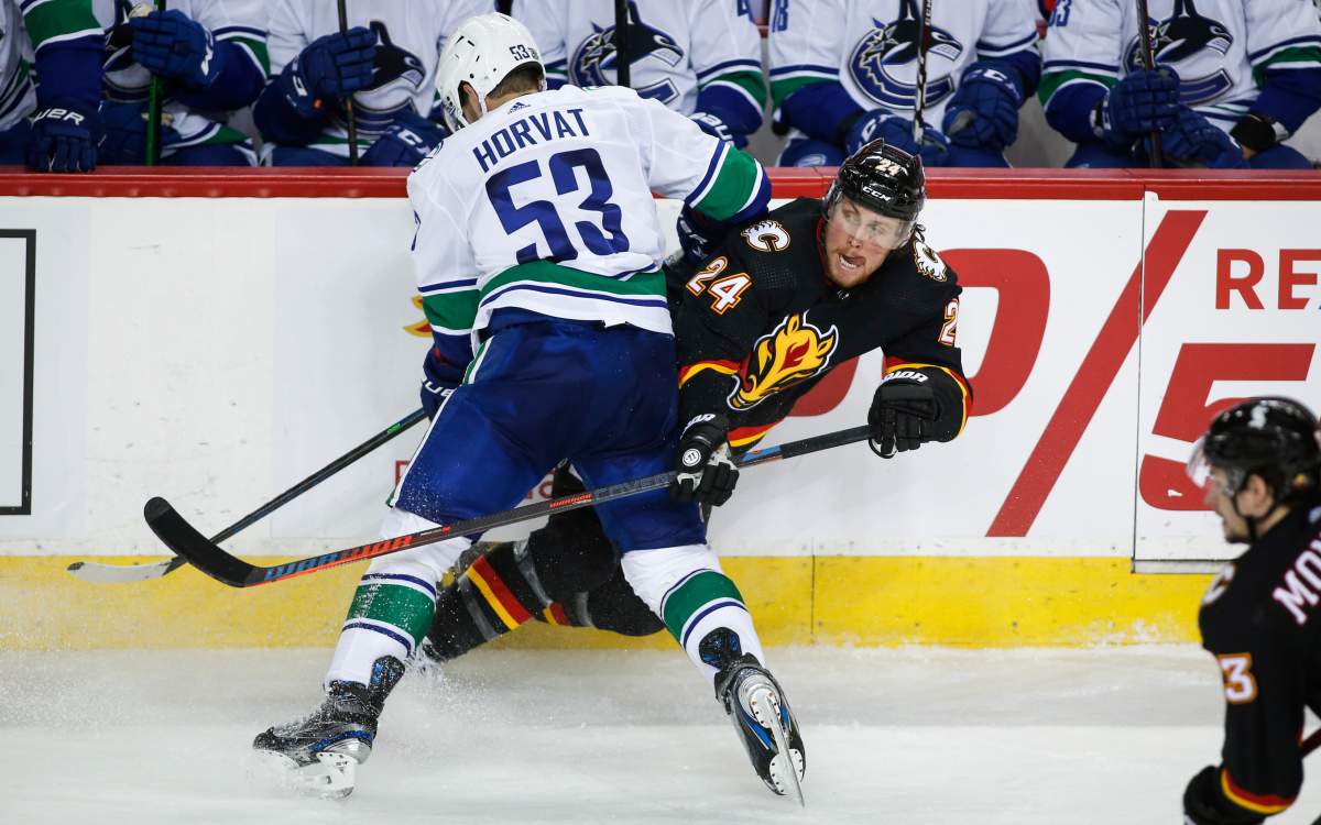 Vancouver Canucks’ Bo Horvat, left, checks Calgary Flames’ Brett Ritchie during third period NHL hockey action in Calgary, Wednesday, Feb. 17, 2021.
