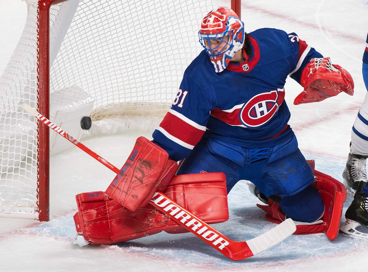 Montreal Canadiens goaltender Carey Price is scored on by the Toronto Maple Leafs during second period NHL hockey action in Montreal, Saturday, February 20, 2021.