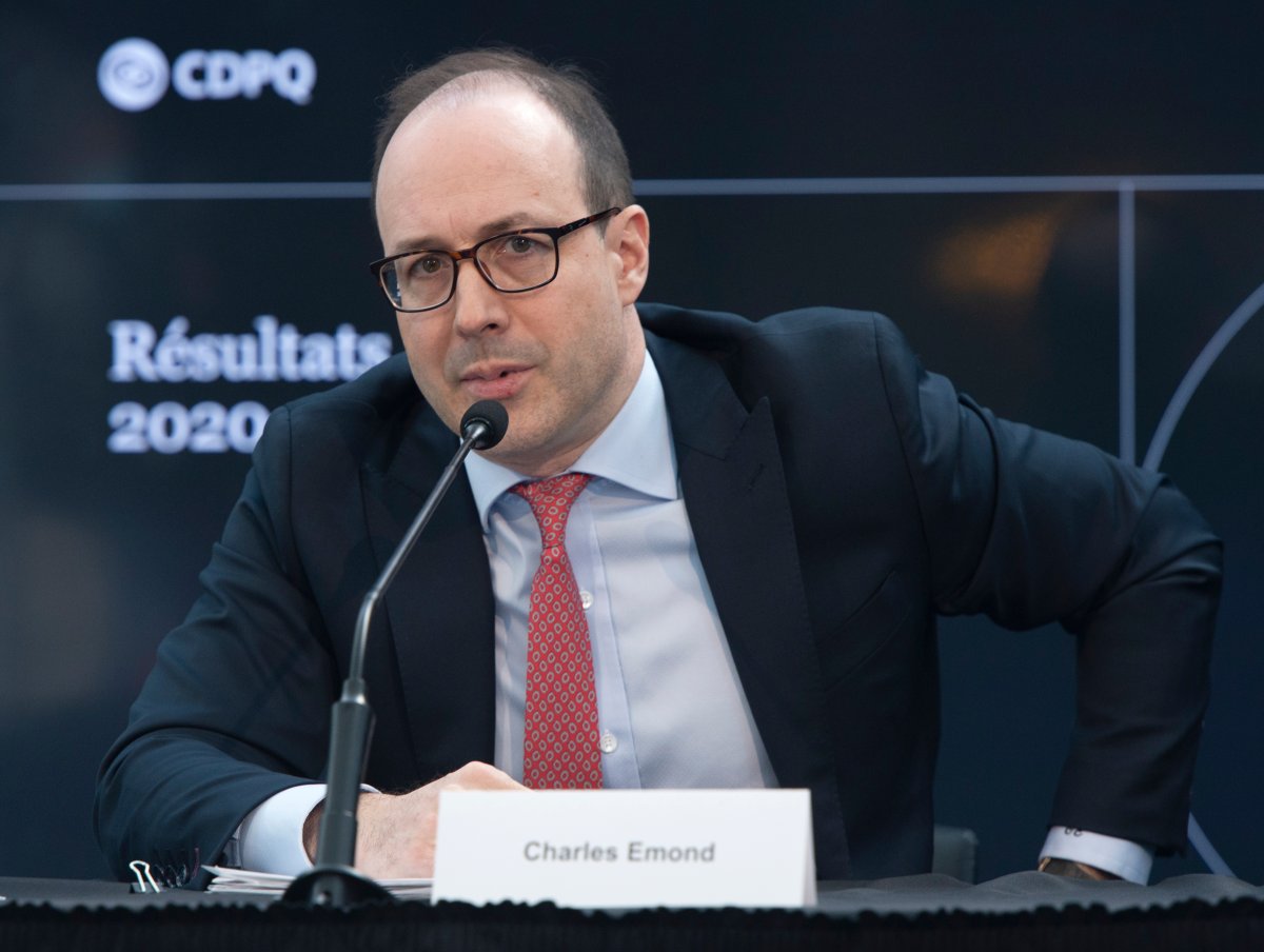 Charles Emond, president of Quebec's Caisse de Depot pension fund, speaks to the media at a news conference Thursday, February 25, 2021 in Montreal.