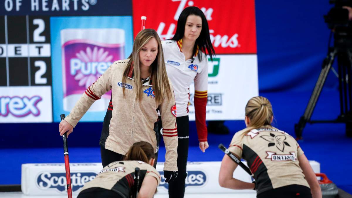 Team Canada skip Kerri Einarson, right, looks on as Team Ontario skip Rachel Homan lines up a shot in the final at the Scotties Tournament of Hearts in Calgary, Alta., Sunday, Feb. 28, 2021.