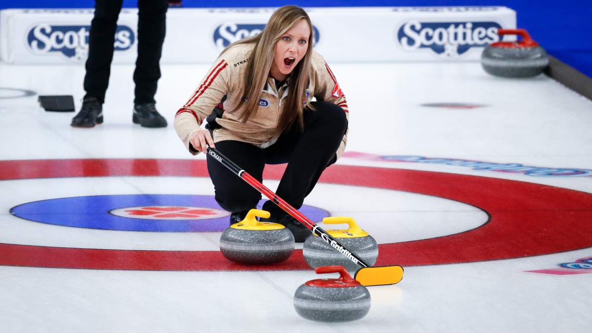 Team Ontario skip Rachel Homan directs her team against Team Canada in the final at the Scotties Tournament of Hearts in Calgary, Alta., Sunday, Feb. 28, 2021.