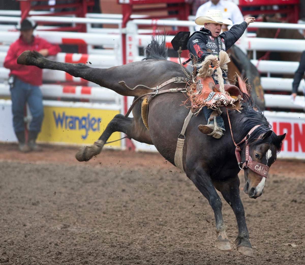 The saddle bronc riding event at the Calgary Stampede rodeo on July 5, 2019.