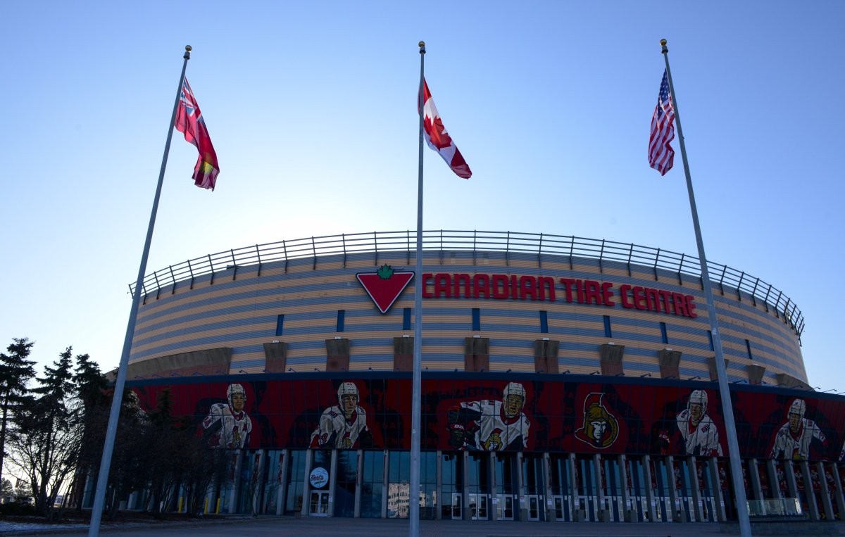 Home rink of the Ottawa Senators the "Canadian Tire Centre" is pictured in Ottawa on Thursday, March 12, 2020. The Belleville Senators will make the arena home ice for the remainder of the 2021 season.