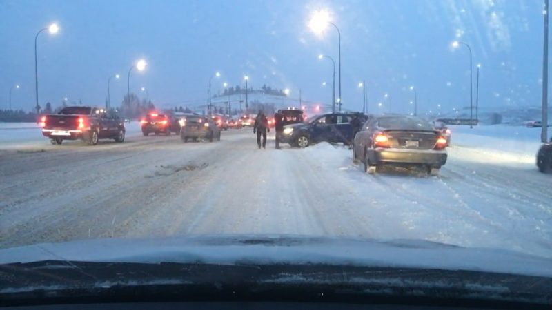 A crash on a snowy Calgary road on Wednesday, Feb. 3, 2021.