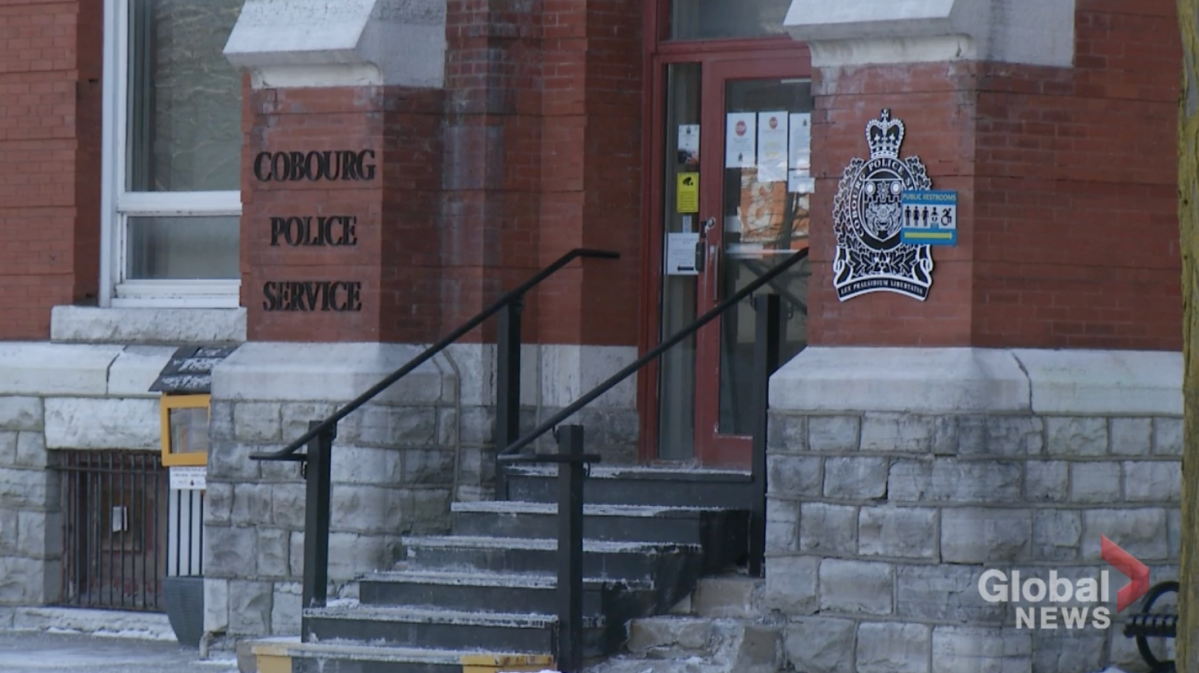 A man was arrested after the front of the Cobourg Police Service station was damaged.