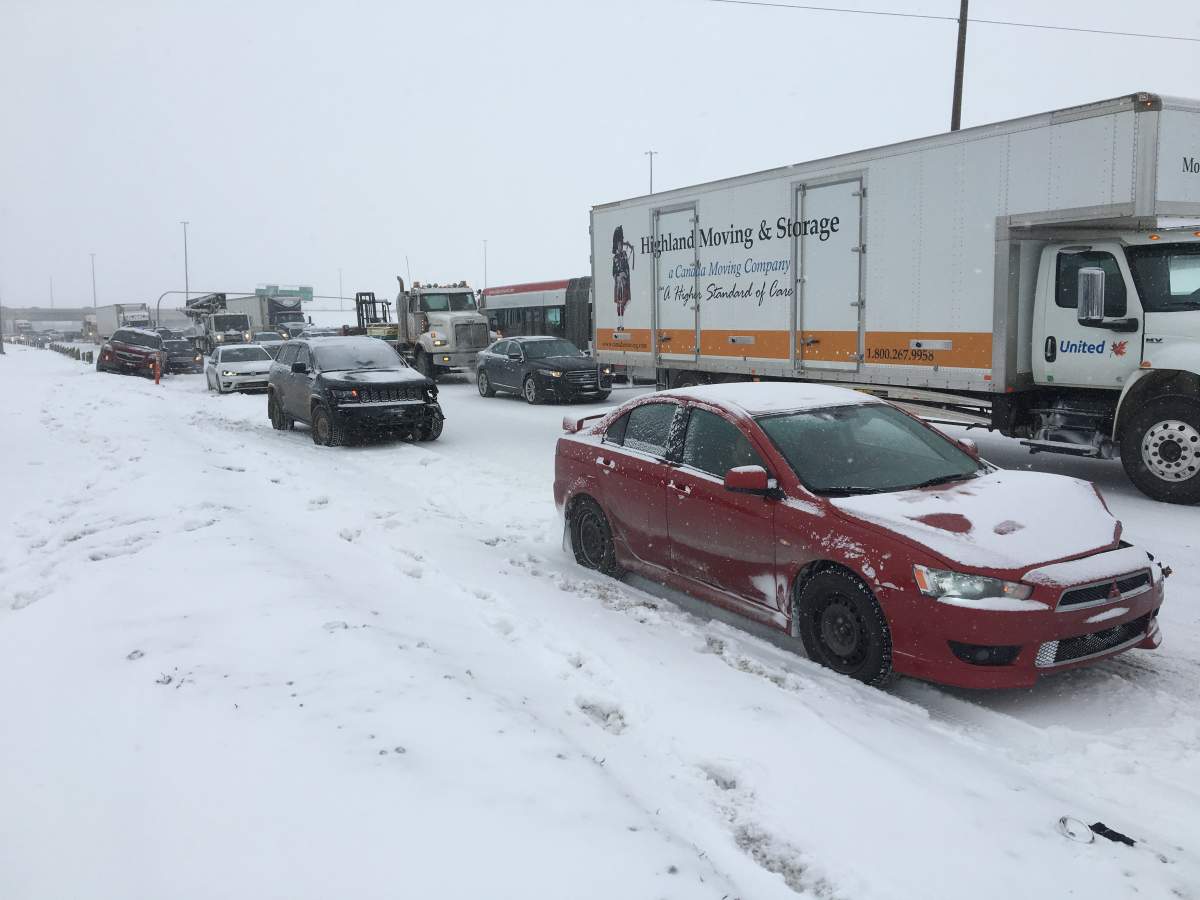 Traffic was at a standstill Friday afternoon after a blast of winter weather led to multiple crashes on Calgary’s Deerfoot Trail.
