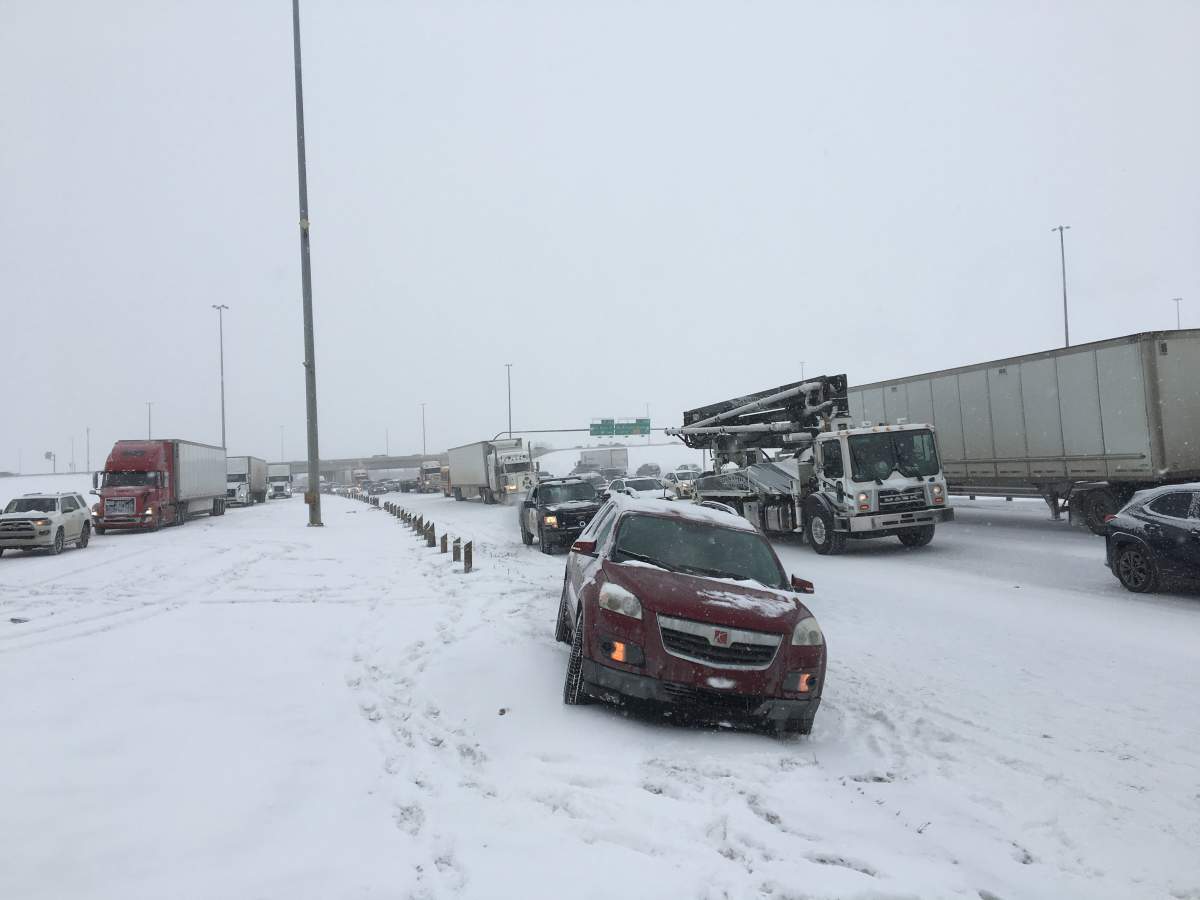 Traffic was at a standstill Friday afternoon after a blast of winter weather led to multiple crashes on Calgary’s Deerfoot Trail.