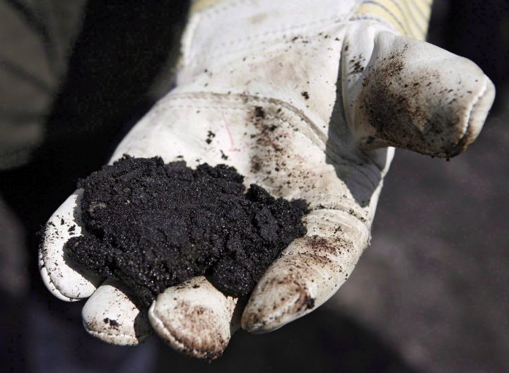 An oil worker holds raw sand bitumen near Fort McMurray, Alta., on July 9, 2008. 