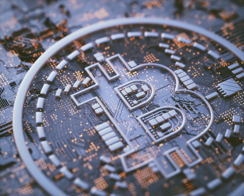 Bitcoin logo on circuit board, illustration.