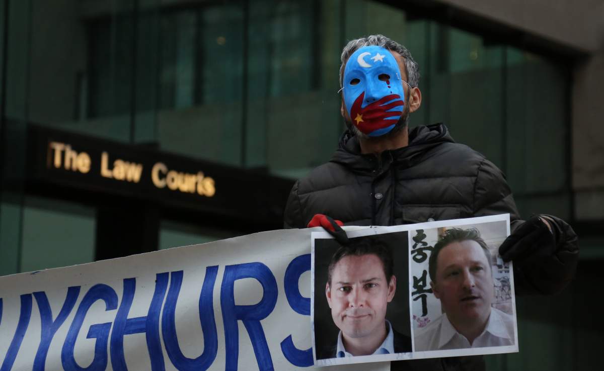 VANCOUVER, BC – JANUARY 20: Uyghur activists protest China’s treatment of Uyghurs outside a court on the first day of Huawei Technologies Chief Financial Officer Meng Wanzhou extradition trial in Vancouver, British Columbia, Canada, on Monday, Jan. 20, 2020.