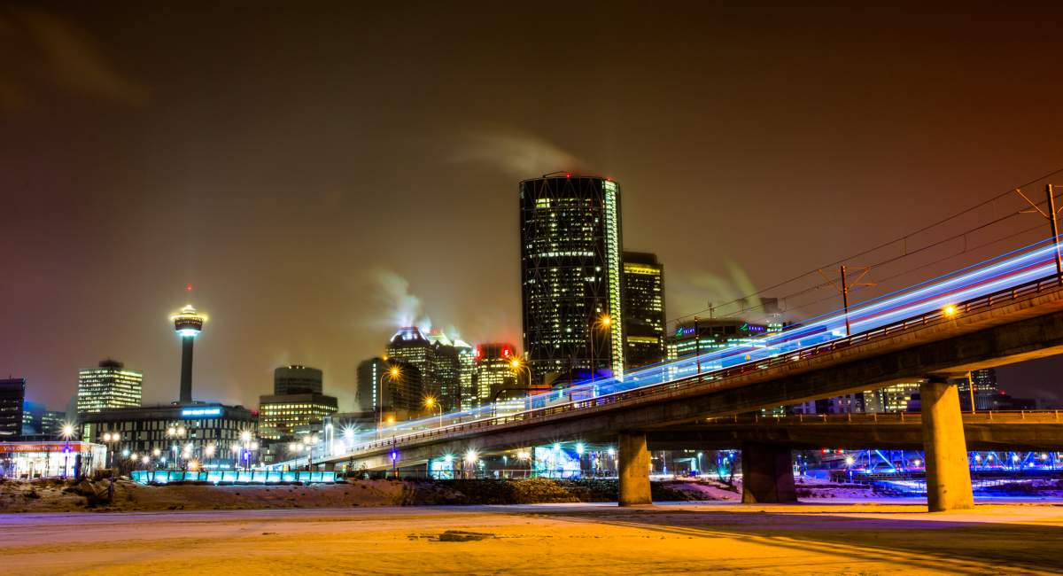 FILE: A winter cityscape of the Calgary downtown with light trails.