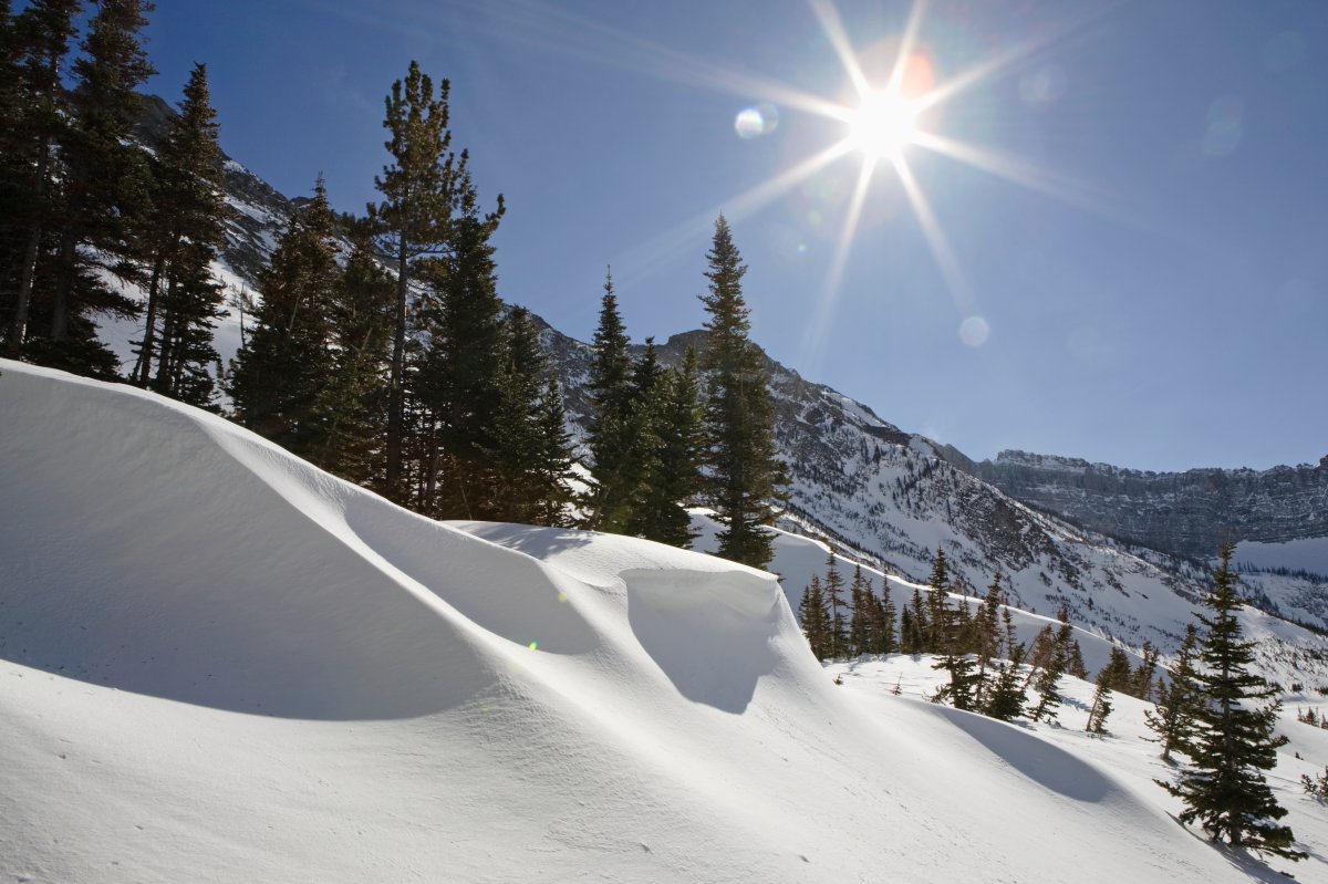 Snowdrifts are seen on a mountain bowl in Waterton Lakes National Park. 