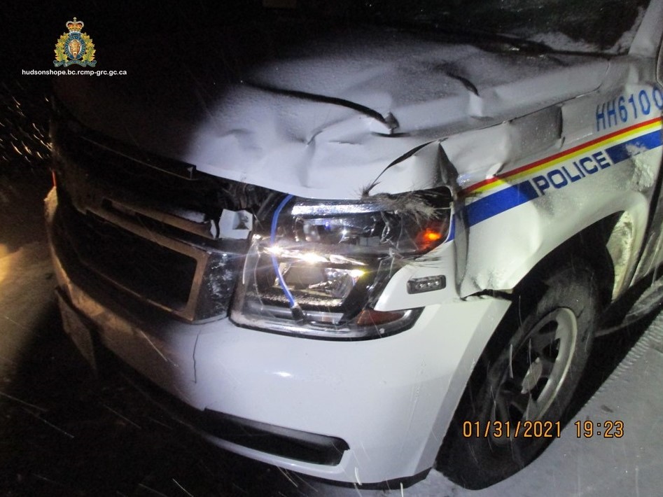 A view of the damaged driver’s side of the RCMP vehicle.