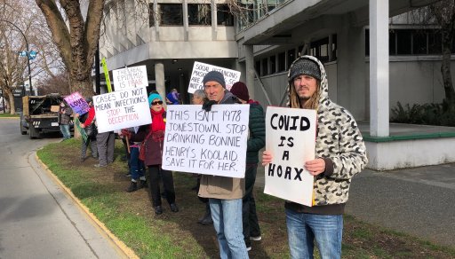 Protesters outside the office of B.C.’s provincial health officer, Dr. Bonnie Henry, on Jan. 30, 2021.