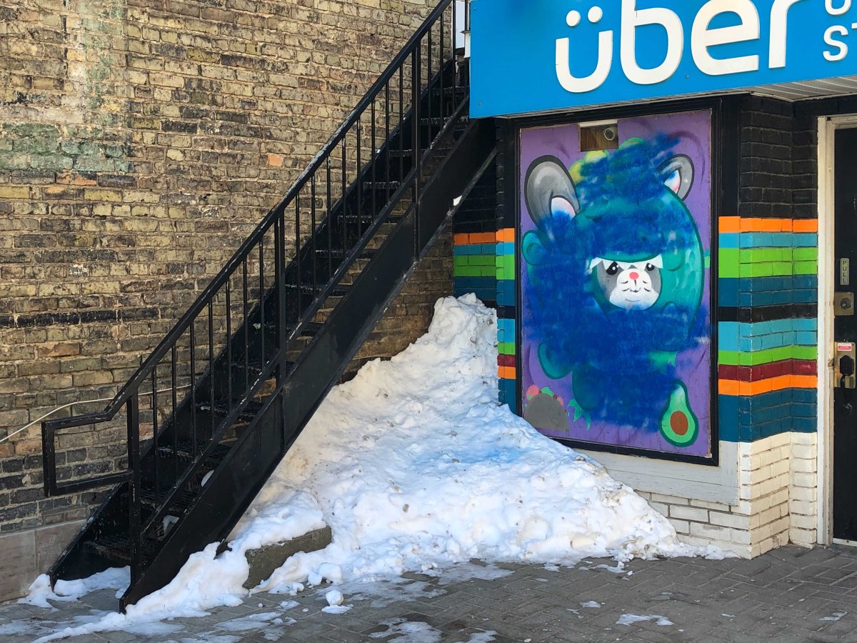 Graffiti has been covered up at the Carling Street entrance to Über Cool Stuff in London, Ont. 