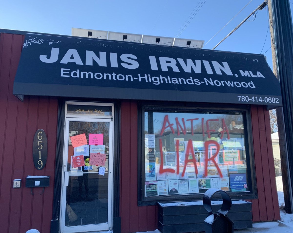 The constituency office of Edmonton MLA Janis Irwin is vandalism, Saturday, Feb. 27, 2021. 